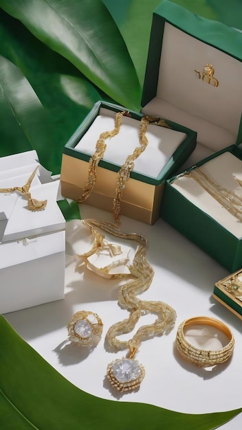 Jewelry with white boxes on green leaf over the paper backdrop