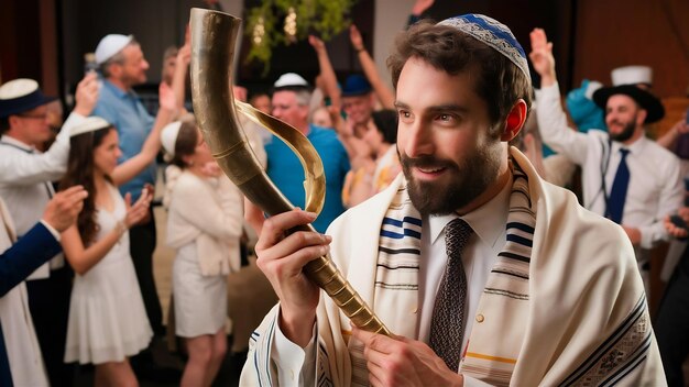 Photo jewesh holiday with shofar horn kippah and tallit