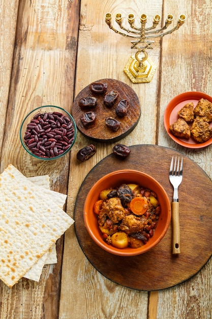 Jewish dish cholent with meat ingredients and menorah on the table