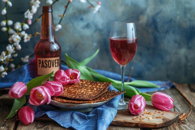 Jewish greeting card for the Passover festival with matzo and the word PASSOVER Generative Ai