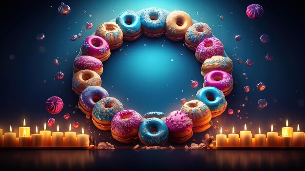 Jewish hanukkah round frame with menorah dreidel traditional donuts hanuka Generative Ai