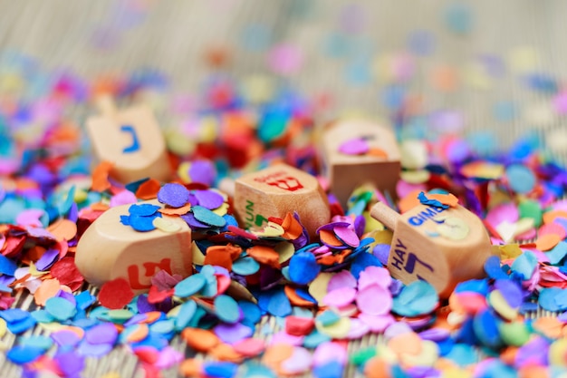 Jewish holiday Dreidel still life composed of elements the Chanukah Hanukkah festival.