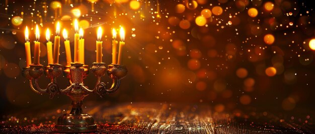 Photo jewish holiday hanukkah background with candlelit menorah traditional candelabra