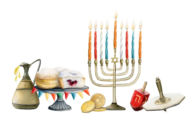 Jewish holiday Hanukkah symbols watercolor illustrations Menorah candles donuts jug of oil dreidels