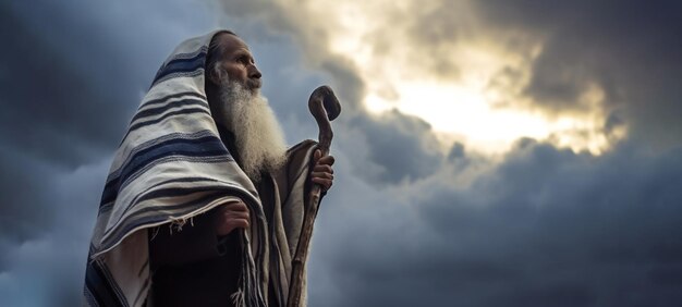 Photo jewish man in a tallith prayer shawl against dramatic sky