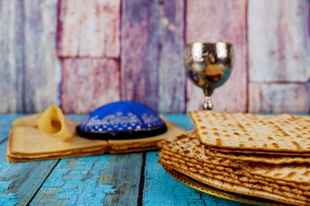 A Jewish Matzah bread with wine. Passover holiday 