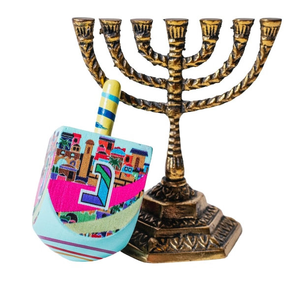 Jewish menorah and dreidel isolated on white or transparent background cutout