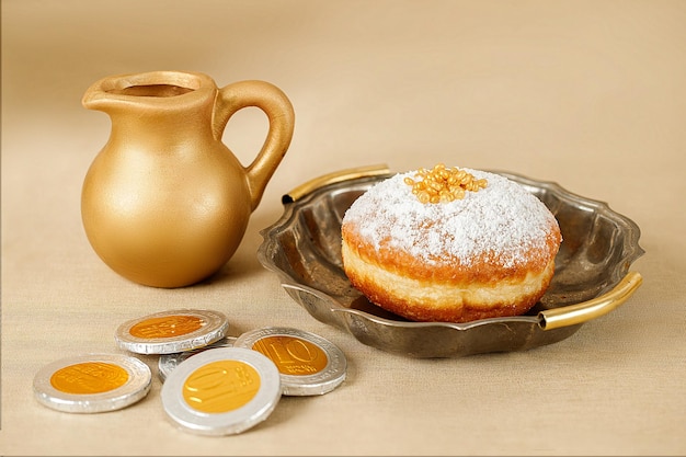 Foto festa religiosa ebraica hanukkah con ciambella dreidel di legno che gira su una brocca di olio striscia d'oro