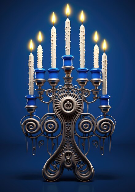 Jewish religious holiday Hanukkah with holiday Hanukkah traditional candelabra on blue background