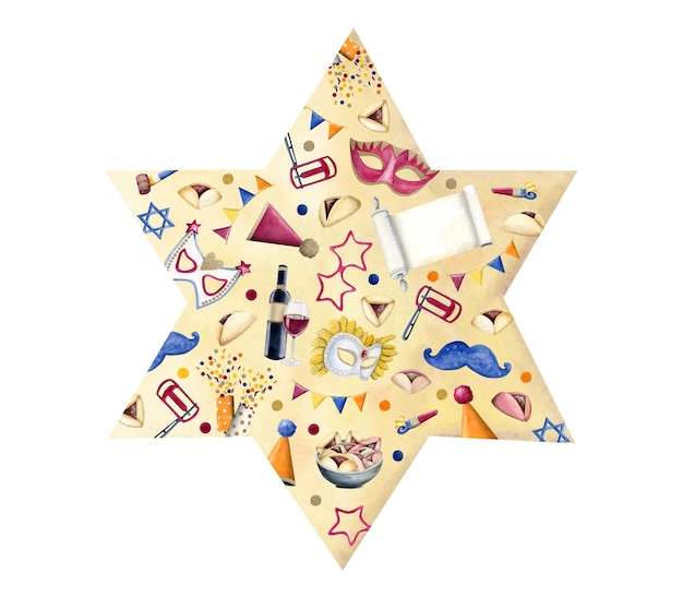 Фото Еврейская звезда давида с символикой праздника пурим, акварельные маски, свиток эстер, вечеринка, попперс, печенье