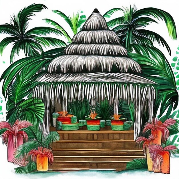 Photo jewish sukkah with palm leaves and paper decorations watercolor illustration for sukkot holiday