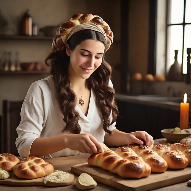 Photo jewish woman make shabbat bread challah