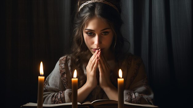 A Jewish woman prays hands covering her face by the Shabbat candles with a prayer book nearby