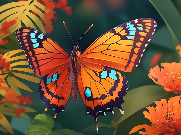 Jezebel butterfly resting on the royal poinciana flower plant in a soft green beautiful background