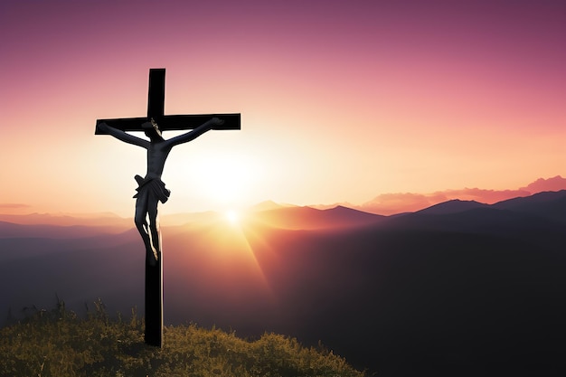 Jezus aan een kruis met de zonsondergang achter hem