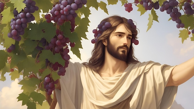Jezus Christus bij een druivenstruik met grote trossen druiven Jezus is een druiven-AI-generatie