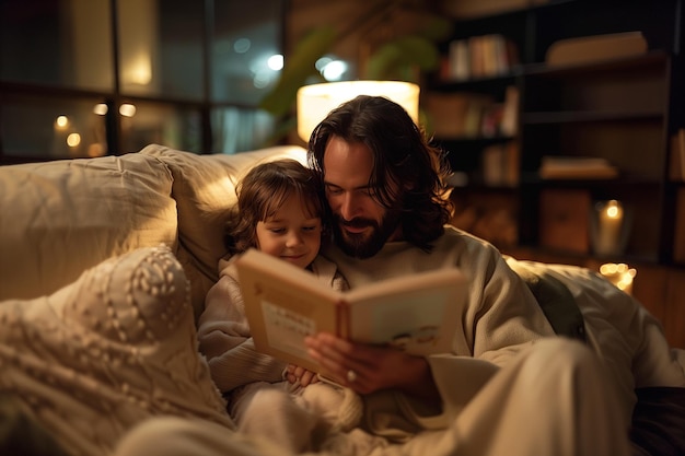 Foto jezus christus die een boek voorleest aan een kind