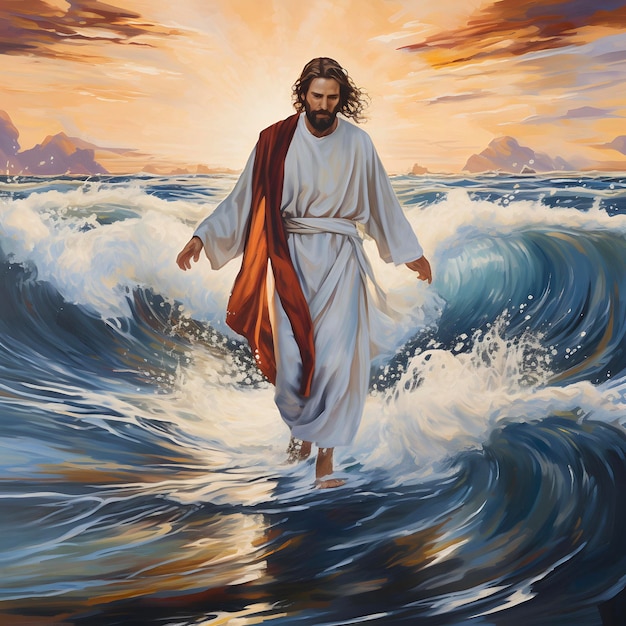 Jezus Christus die op het water loopt tijdens storm bij zonsondergang AI gegenereerd