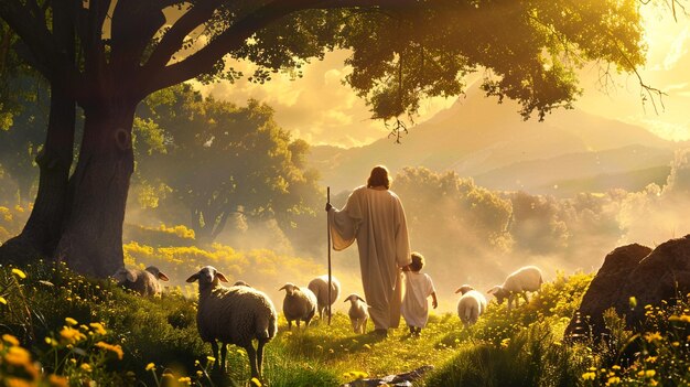 Jezus Christus en de heilige Jozef herdenken schapen vader en zoon religie geestelijke geschiedenis Bijbel God heilig