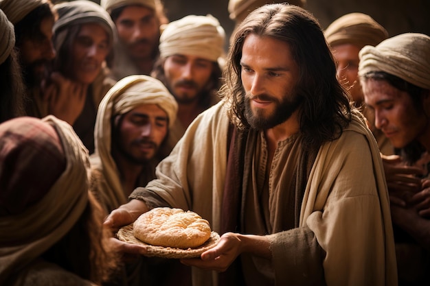 Jezus Christus geeft mensen brood een wonder van het voeden van mensen