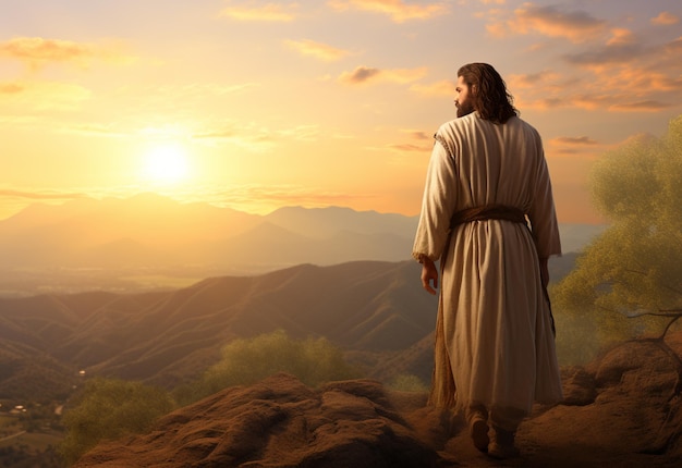 Jezus Christus in de heuvels bij zonsondergang in Bolta realistisch beeld ultra hd hoog ontwerp zeer gedetailleerd 8K