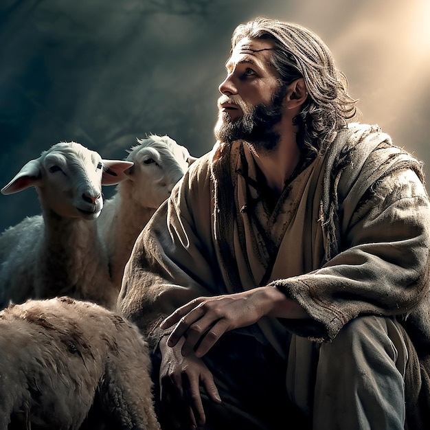 Jezus Christus is de goede herder die de onschuldige schapen voedde in een donker thema