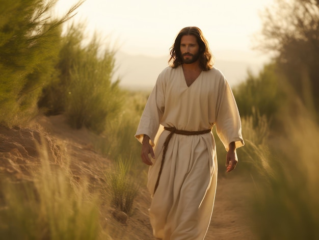 Foto jezus christus loopt en onderwijst de mensen het evangelie