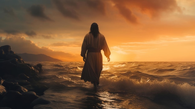 Jezus Christus loopt naar een boot op stormachtige zee bij zonsondergang Christelijk en spiritualiteit