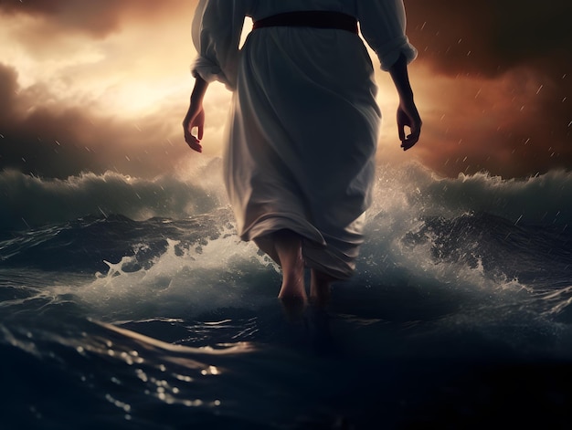 Jezus Christus loopt op het water in de avond AI gegenereerd