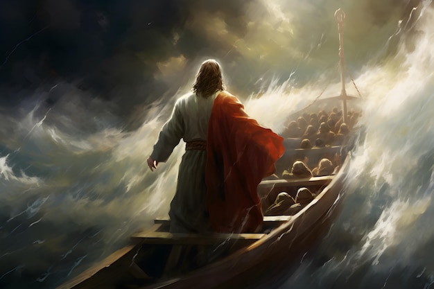 Jezus Christus op de boot kalmeert de storm op zee