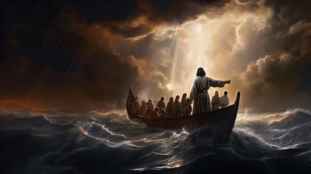 Jezus Christus op de boot kalmeert de storm op zee