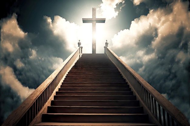Jezus Christus poort naar het paradijs aan het einde van de trap naar de hemel