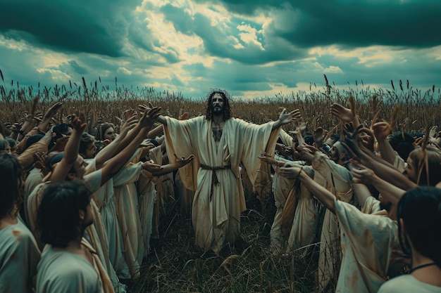 Foto jezus christus reist met zijn volgelingen door jeruzalem en predikt tot een menigte volgelingen