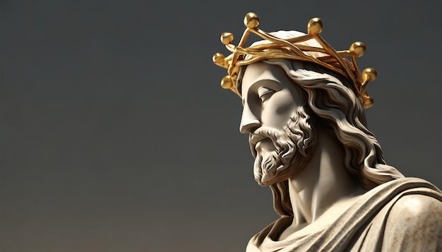 Jezus Christus standbeeld met gouden doornenkroon 3D-rendering zijhoek lege ruimte