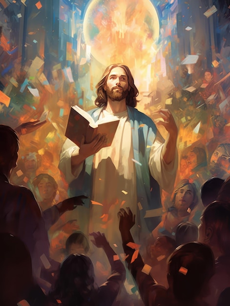 Jezus Christus van Nazareth kijkt op en houdt een bijbelse menigte van mensen op de achtergrond bijbels