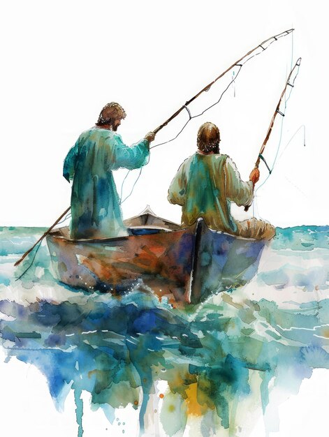 Jezus en Petrus Zee van Galilea Aquarel Generatieve AI