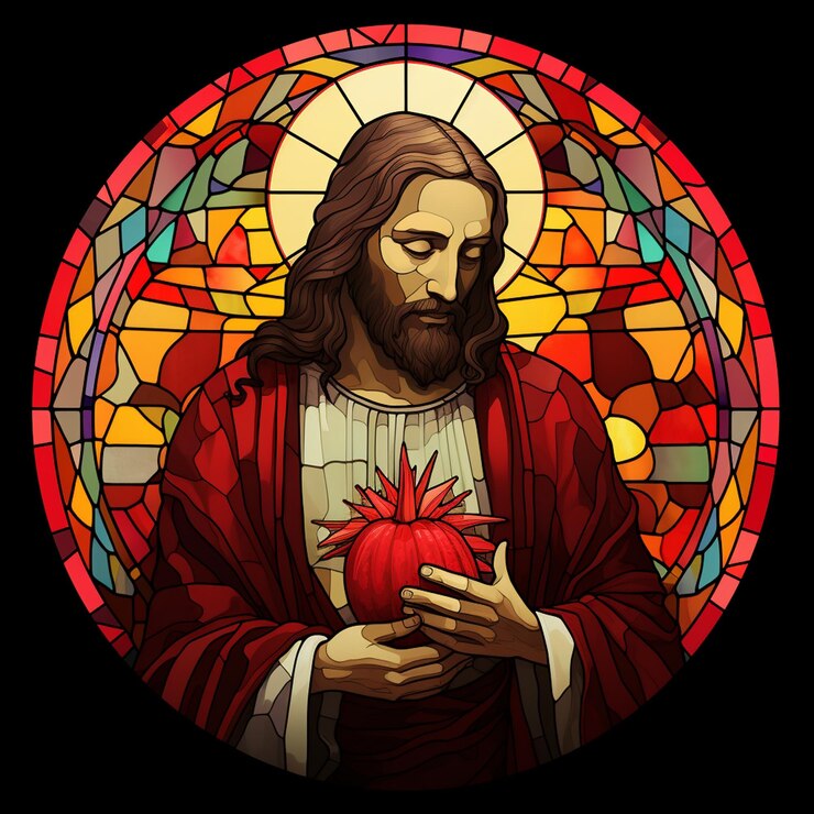 Jezus houdt een hart van gekleurd glas vast