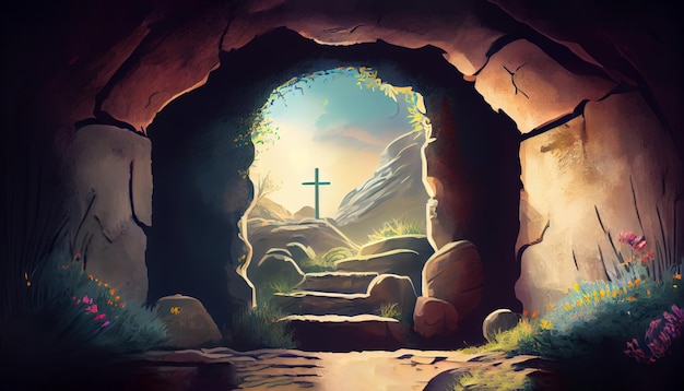 Jezus is opgestaan illustratie van een leeg graf van binnenuit met een kruis op de achtergrond Paaskaart illustratie