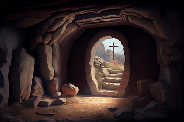 Jezus is opgestaan illustratie van een leeg graf van binnenuit met een kruis op de achtergrond
