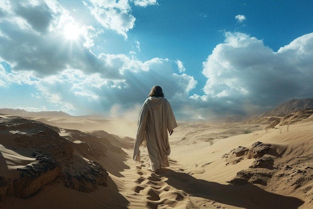 Foto jezus loopt de woestijn in.