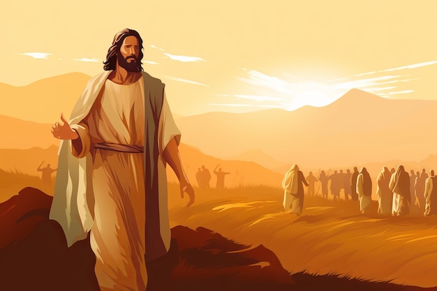 Foto jezus loopt met een groep mensen door de woestijn