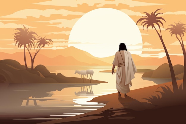 Jezus loopt op het strand bij zonsondergang met schapen en palmbomen