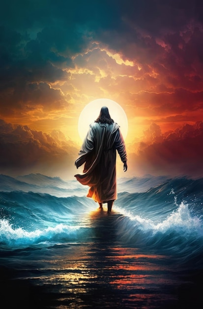Jezus loopt over het water Jezus loopt over de zee Prachtige zonsondergang Generatieve AI
