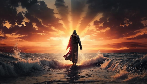Jezus loopt over het water Jezus loopt over de zee Prachtige zonsondergang Generatieve AI