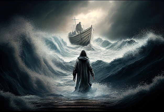 Jezus loopt over het water over de zee naar een boot illustratie Ai generatief