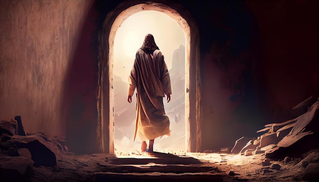 Jezus loopt uit het graf op Paaszondag Leeg graf met lijkwade Opstanding van Jezus Christus Ai generatieve