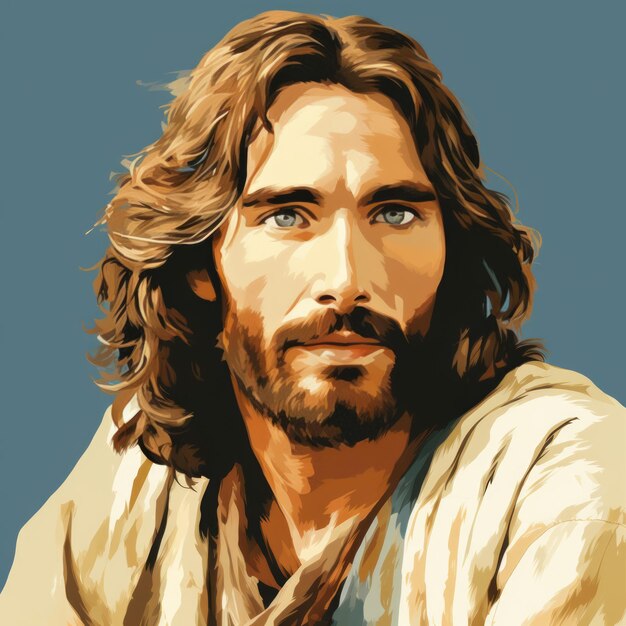 Foto jezus met lang haar en blauwe ogen.