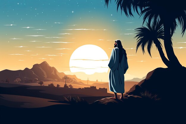 Jezus staat in de woestijn bij zonsondergang met palmbomen en bergen op de achtergrond