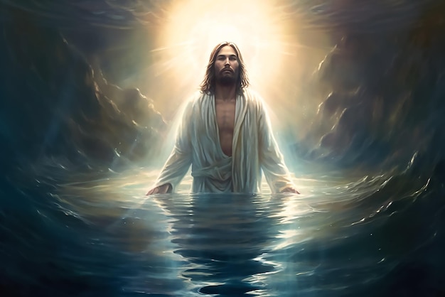 Jezus staat in het water met zijn armen over elkaar