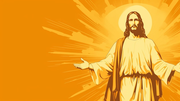 Jezus staat voor een oranje achtergrond.